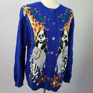 Susan Bristol Blue Red Green Noah's Arc Animals Knit Cardigan Sweater M